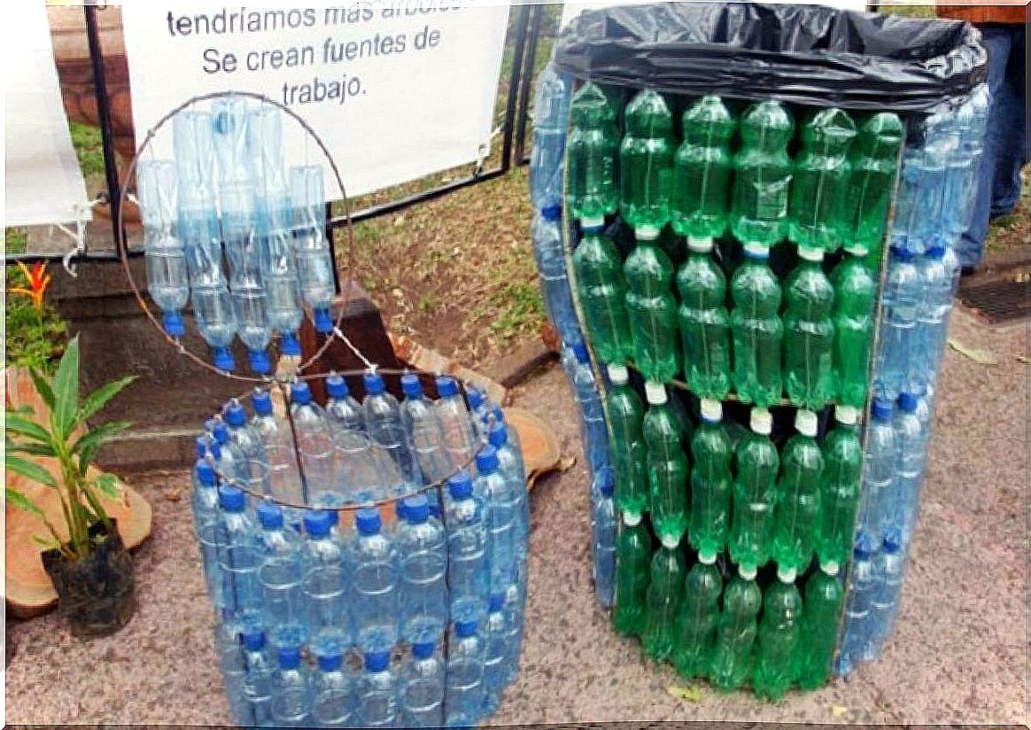 Plastic bottles can serve as recycled garbage containers.