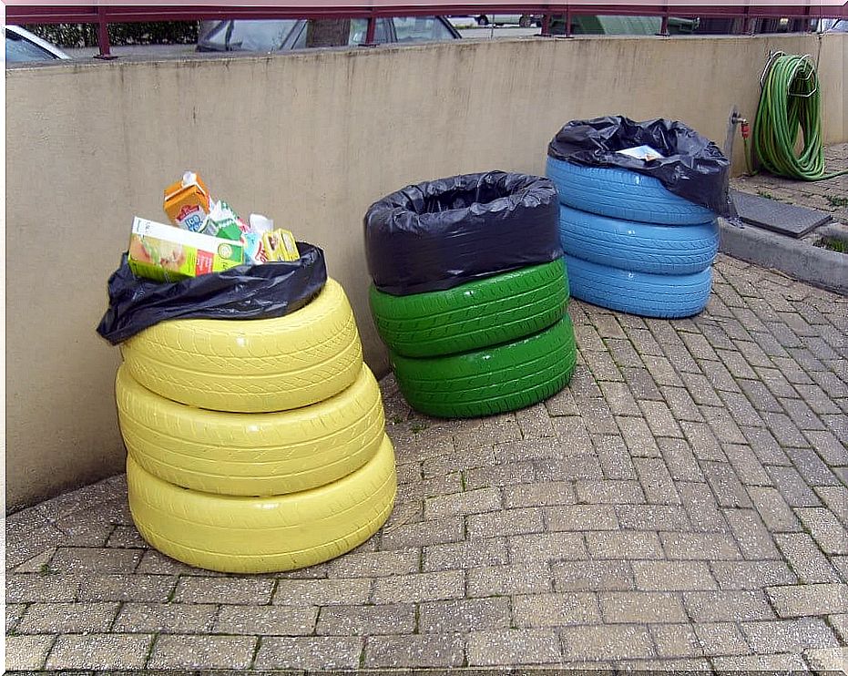 Recycled trash cans can be made with tires.